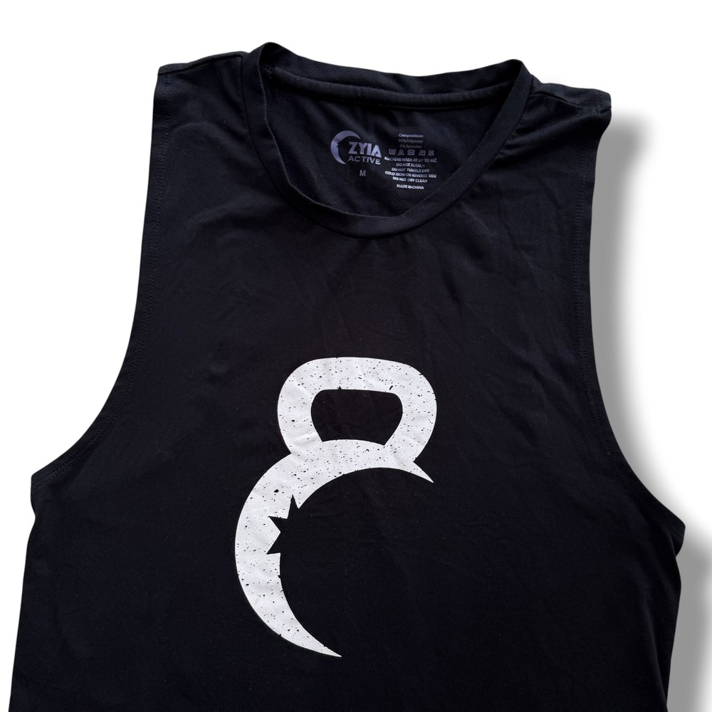 Zyia Active Women M Black Kettle Moon Graphic Muscle Tank Top Gym Workout Sporty